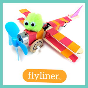 Robot with wings made from popsicle sticks and a blue propellor in the front. There is a character flying the plane made form a pompom.