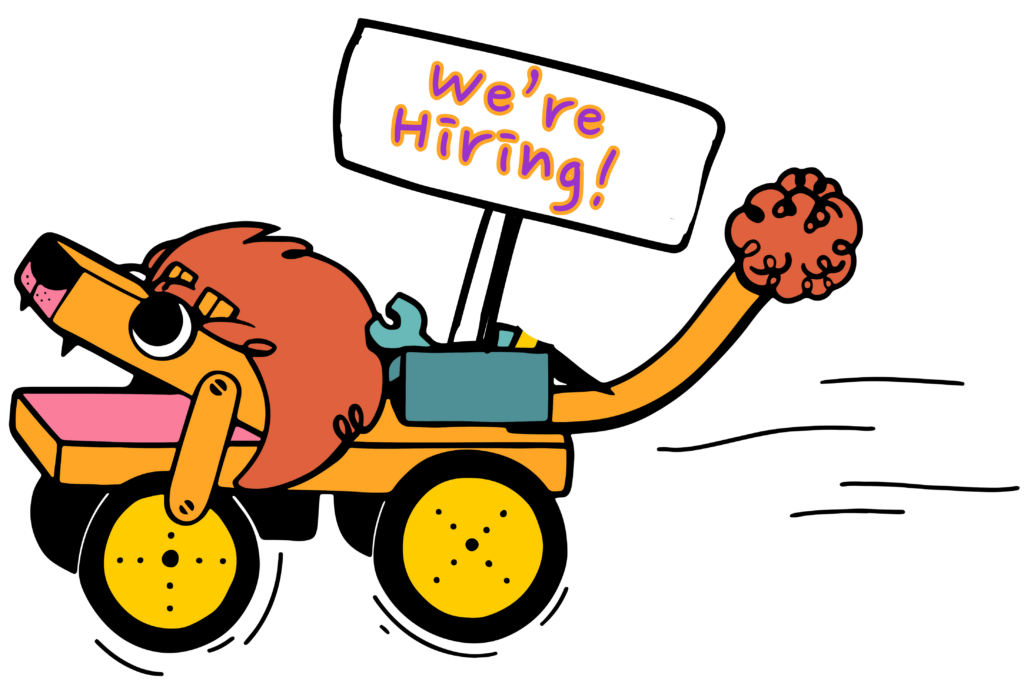 Illustration of a lion-like robot with a sign that reads "We're hiring!"