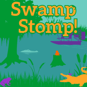 Flat silhouette-style illustration of a swamp with frogs, an alligator, and a fan boat. The words 