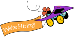 Illustration of a plane-like robot with a banner behind it that reads "We're hiring!"
