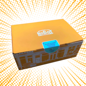 Orange Brooklyn Robot Foundry box with orange glow around it, made of dots and lines.