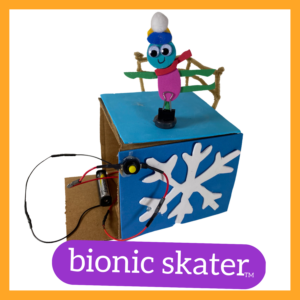 Photograph of the Bionic Skater robot with an orange frame around it and the name in a purple bubble and