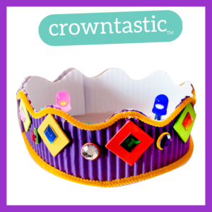 Photograph of the Crowntastic robot with a purple frame around it and the name in a blue bubble and
