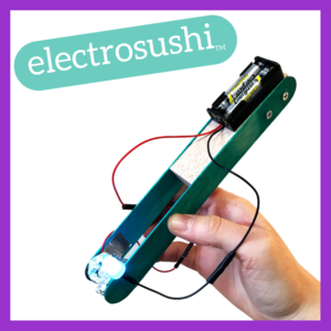 Photograph of a hand holding the Electrosushi robot with a purple frame around it and the name in a blue bubble and