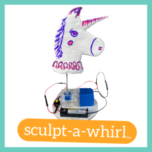 Photograph of the Sculpt-a-Whirl robot with a blue frame around it and the name in orange bubble and