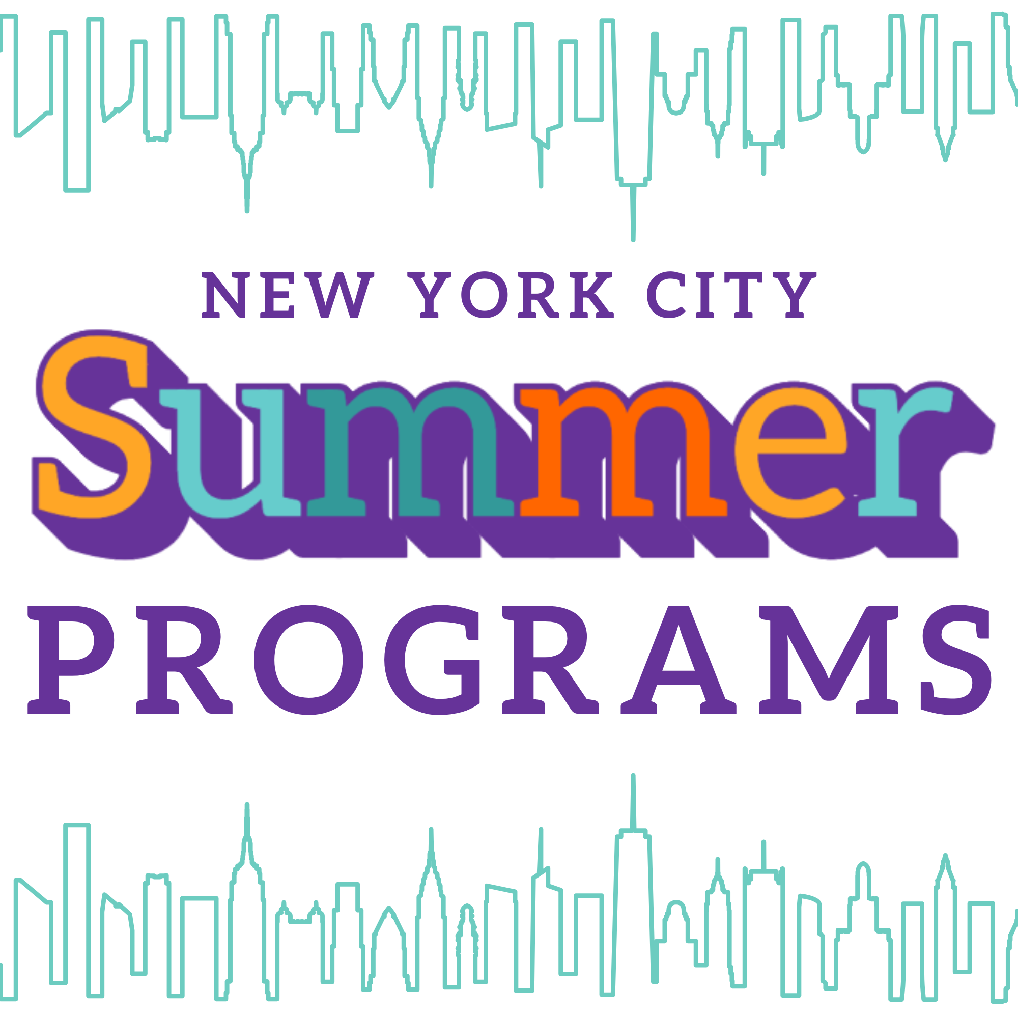 Simple illustration with the words "New York.City Summer Programs" in colorful letters in the middle and a simple skyline outline on the bottom and top.