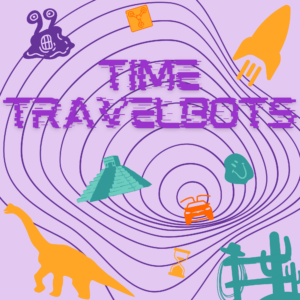 Graphic icon for Time Travelbots summer theme. Swirly lines on purple background, with silhouettes of elements from past and future.