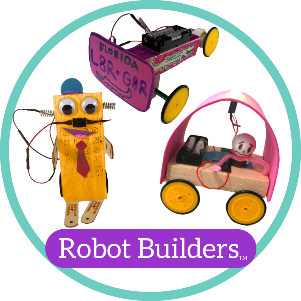 An orange circle with three sample robots in it and the words "Mini Makers" in a teal bubble