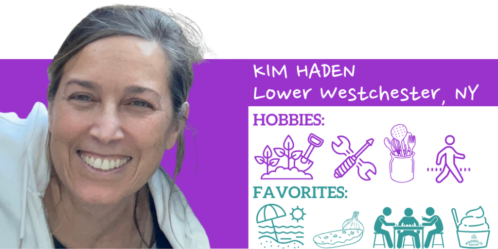 Text: Kim Haden, Lower Westchester County Hobbies: Favorites: Images: Photo of franchise owner and illustrated icons representing their hobbies and favorite things