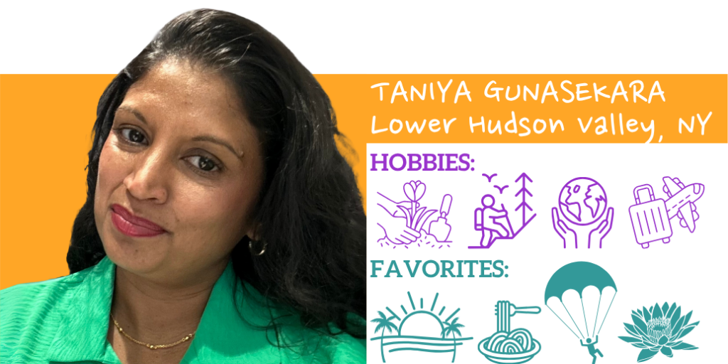 Text: Taniya Gunasekara, Lower Hudson Valley Hobbies: Favorites: Images: Photo of franchise owner and illustrated icons representing their hobbies and favorite things