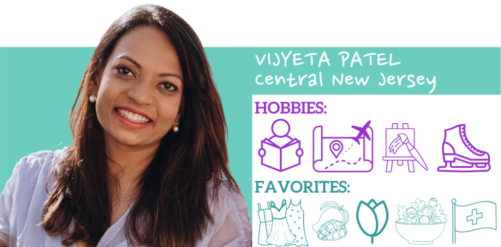 Text: Vijyeta Patel, Central NJ Hobbies: Favorites: Images: Photo of franchise owner and illustrated icons representing their hobbies and favorite things
