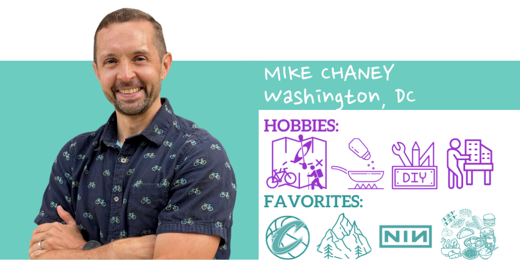 Text: Mike Chaney, Washington DC Hobbies: Favorites: Images: Photo of franchise owner and illustrated icons representing their hobbies and favorite things