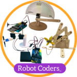 Photos of 4 robots in an orange circle with the caption "Robot Coders TM"