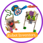 Photos of 3 robots in a purple circle with the caption "Robot Inventors TM"
