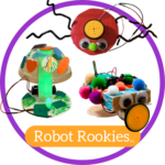 Photos of 3 robots in a purple circle with the caption "Robot Rookies TM"