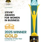 A graphic with a silhouetter of the Stevie Award onlong the side. There is a Brooklyn Robot Foundry logo and the Stevie Awards for Women in Business logo. The following words appear: STEVIE® AWARDS FOR WOMEN IN BUSINESS 2025 WINNER GOLD Company of the Year Consumer Services